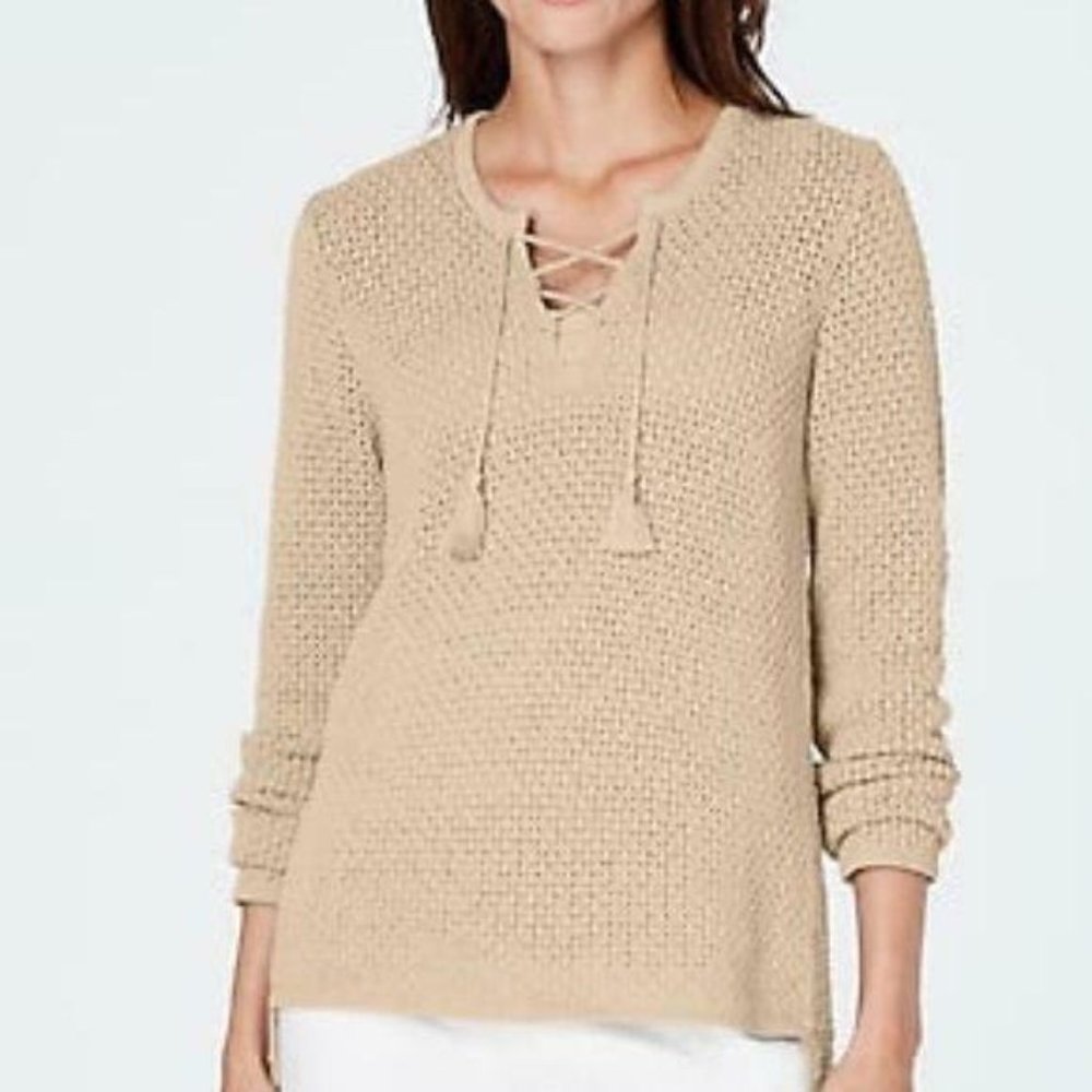 J Jill Open Stitch Lace Up Tan Tunic